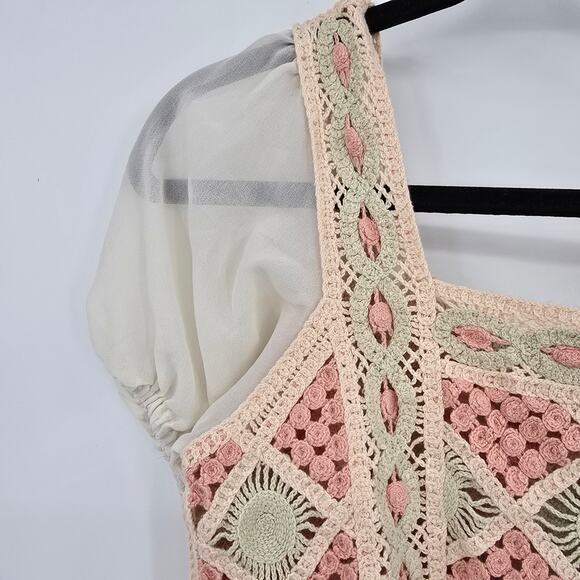 Rebellion Again Women's Boho Crochet Sheer Ruffle Chiffon Cropped Blouse Medium - Picture 3 of 9